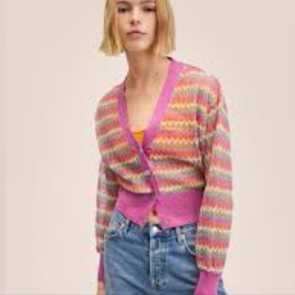 Mango Pink Sheer Multicolored Striped Button Front Cardigan Coquette Girl Dainty - Picture 13 of 14